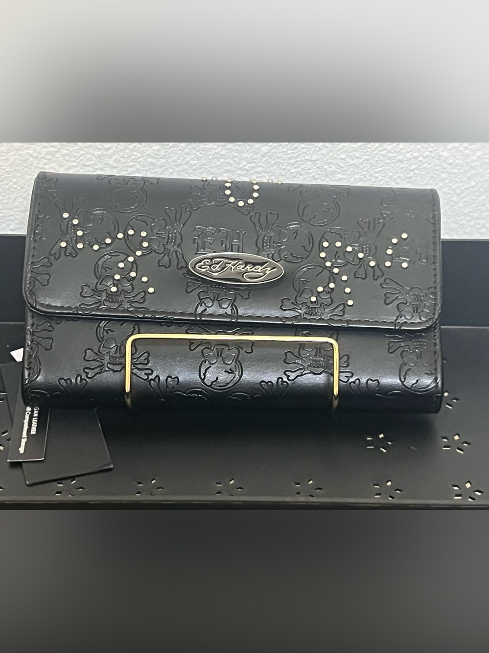 Ed Hardy Black Embossed Skull Flap Wallet NWT Studded Vegan Leather